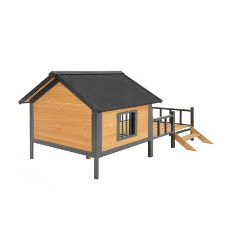Wooden pet house with a black roof on a white background