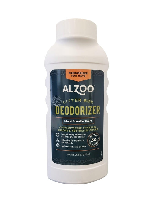 Alzoo litter box deodorizer bottle on a white background