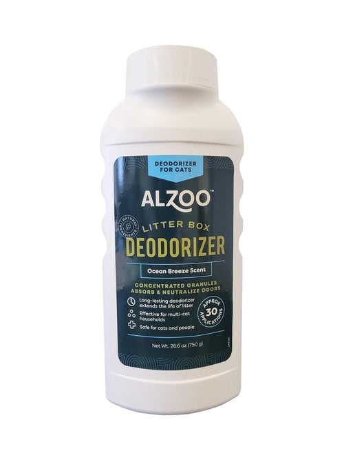 ALZOO litter box deodorizer bottle on a white background