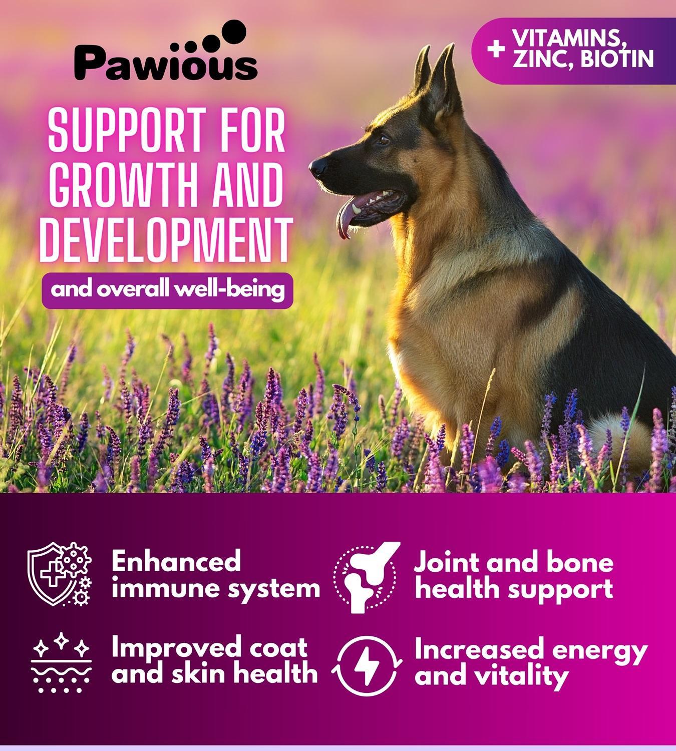 Dog standing in a field of flowers with Pawious product description text and branding.