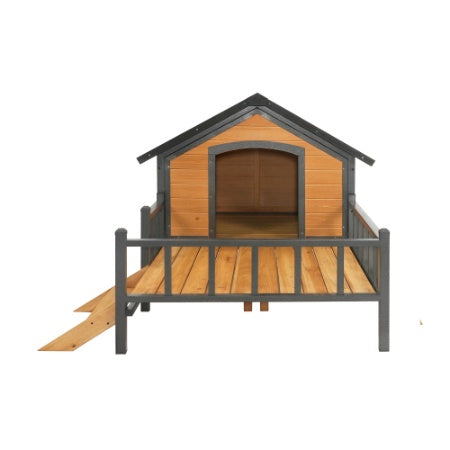 Wooden pet playhouse with slide on a white background