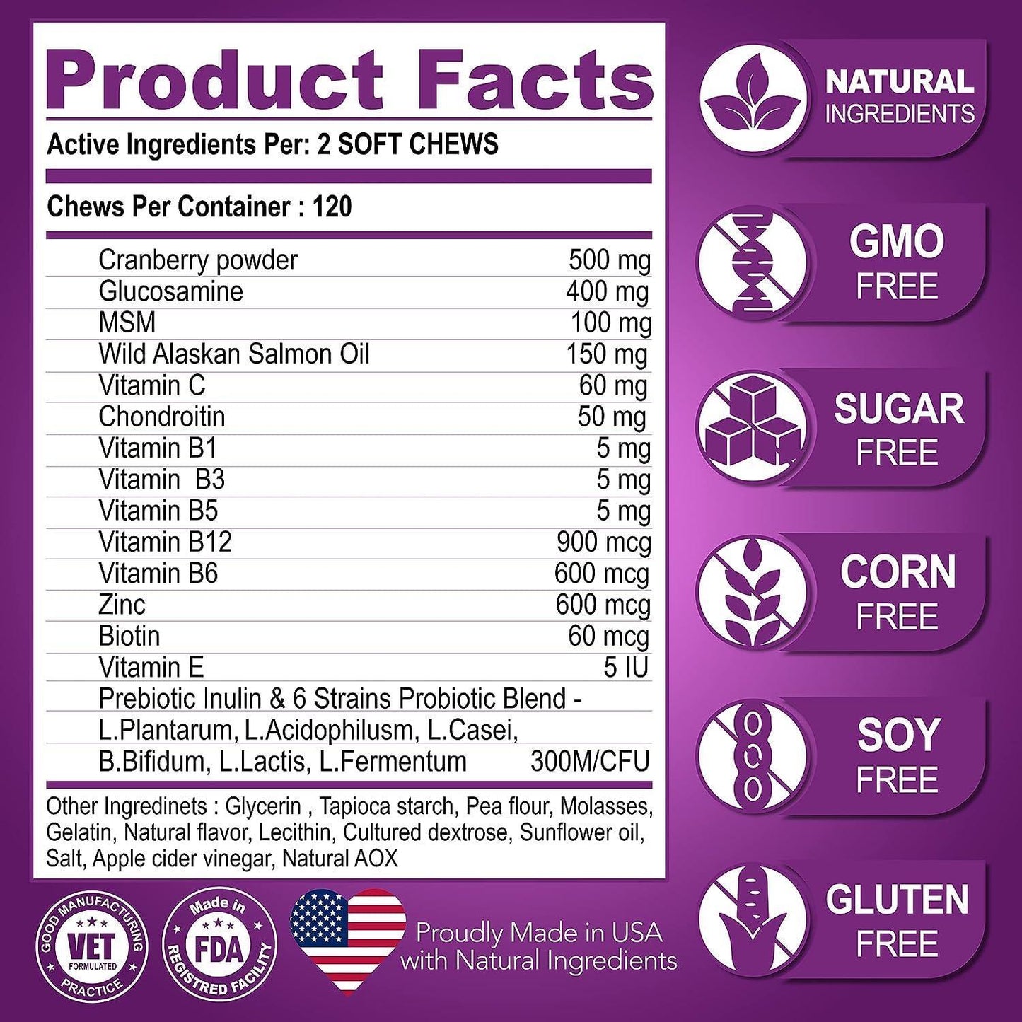 Product facts label for dietary supplements with purple background and white text.