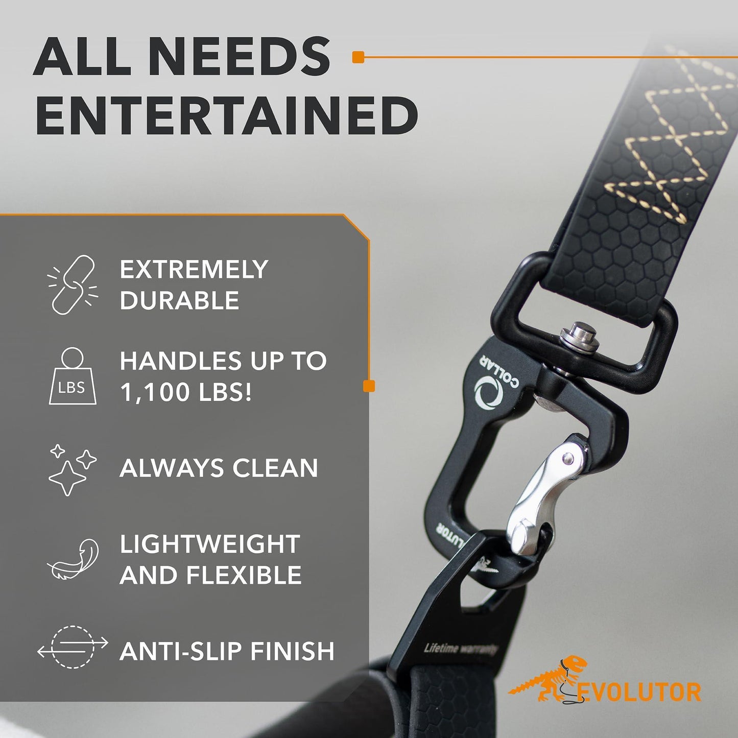 Black carabiner with features listed on a gray background, featuring the brand 'Evolutior'.