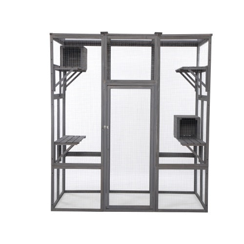 Large bird cage with multiple perches on a white background