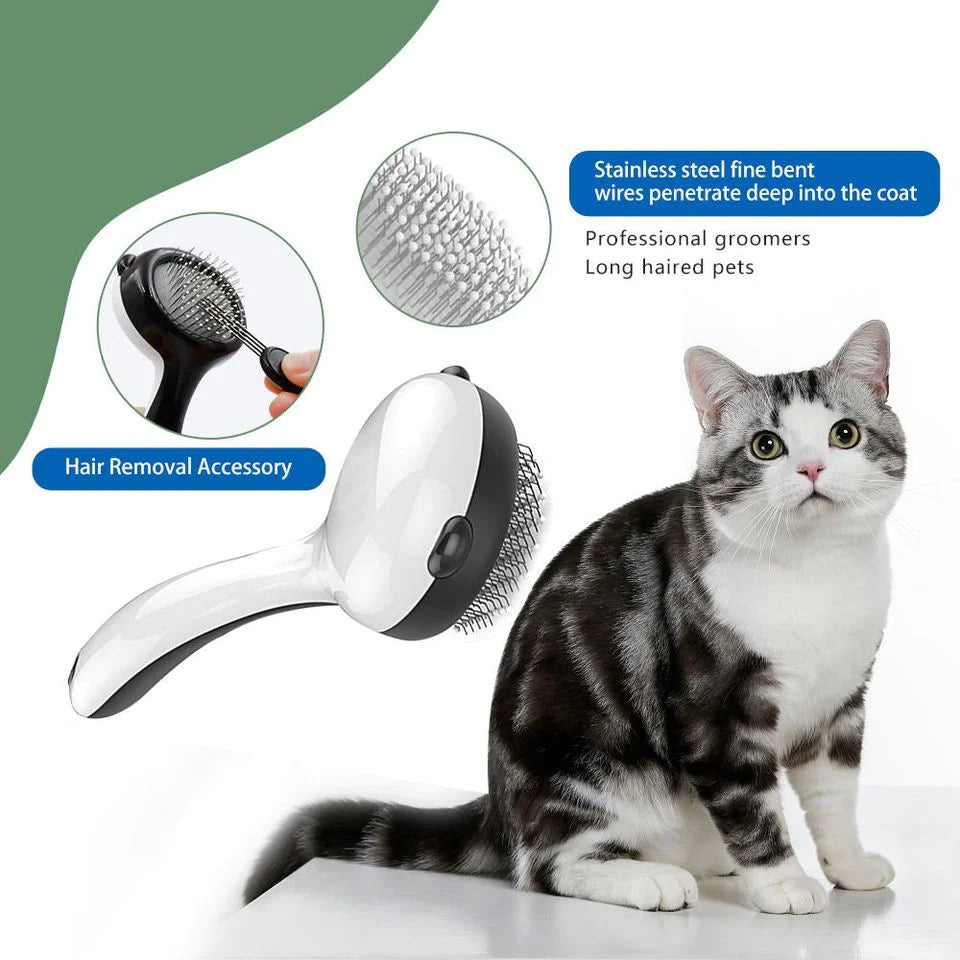 Cat grooming brush with a cat sitting next to it on a white background