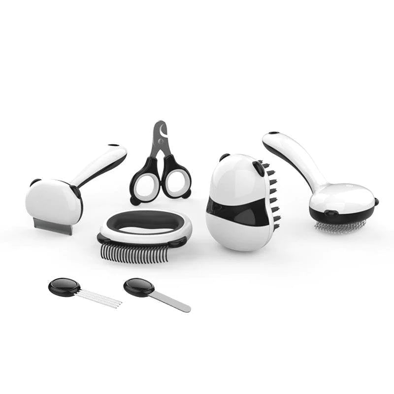 Set of grooming tools including a hairbrush, scissors, and other hair care items on a white background