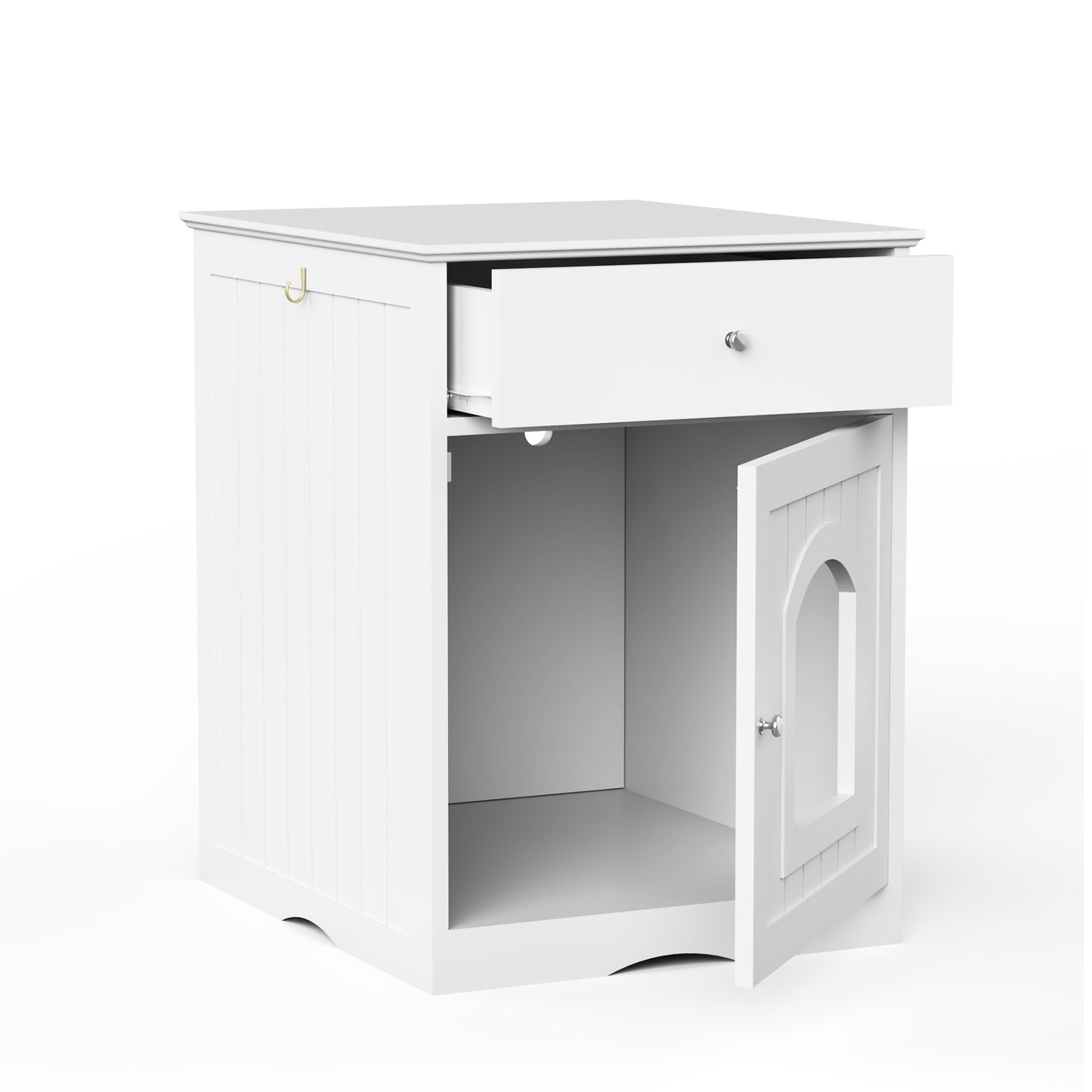 White nightstand with a drawer and a door on a white background