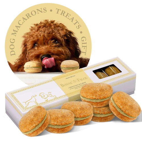 Dog macarons in a gift box with a dog's face in the corner, labeled 'Dog Macarons Treats Gift'.