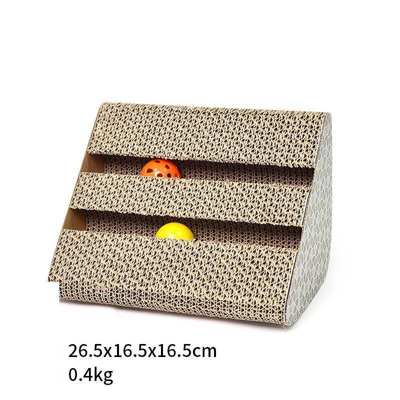 Cardboard cat toy with compartments on a white background