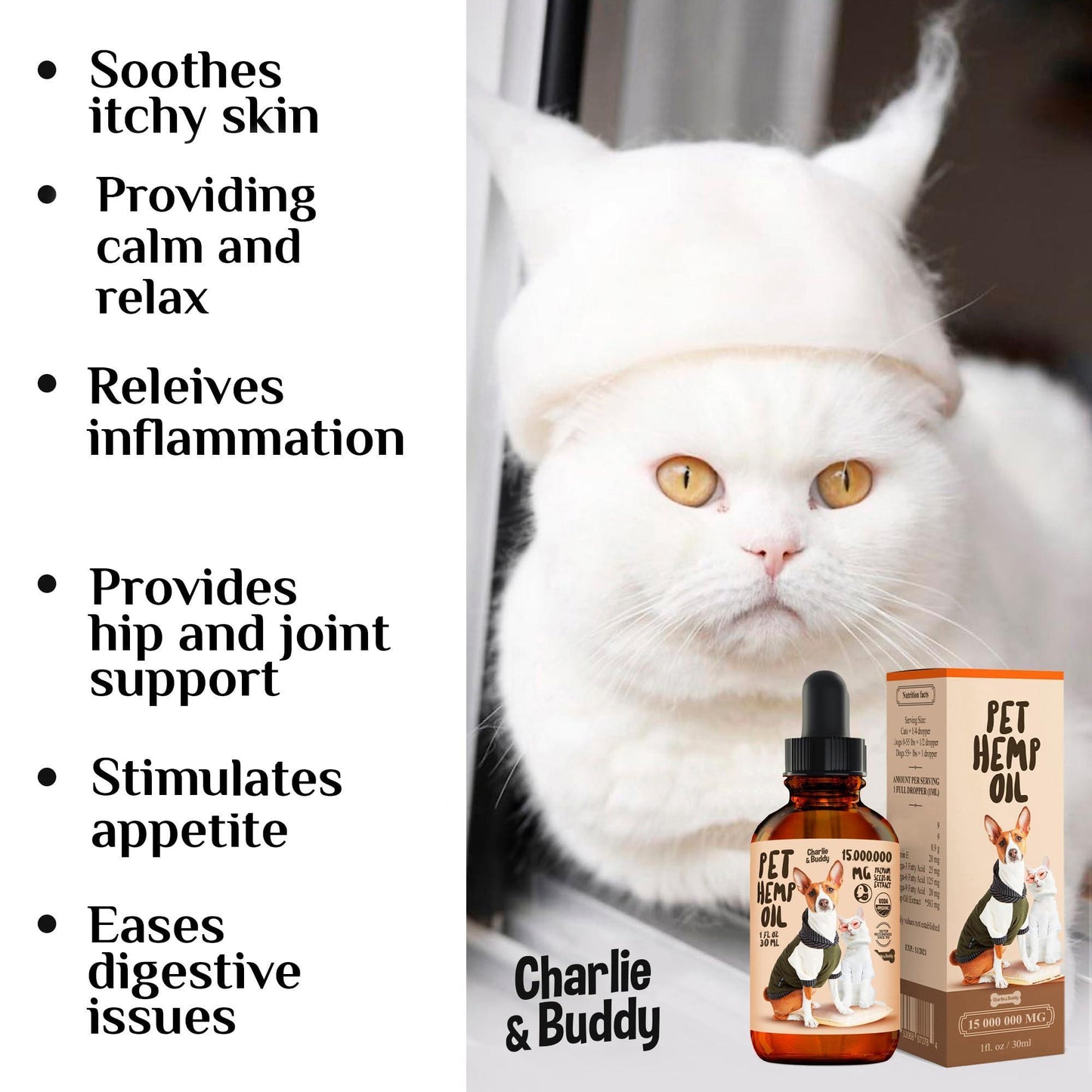 White cat with pet hemp oil bottle and packaging on a blurred background