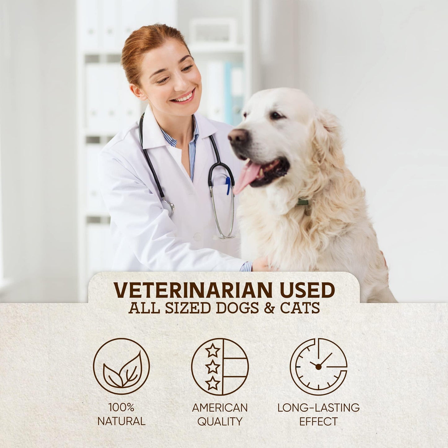 Veterinarian with a dog in a clinic setting, promoting a product used by veterinarians.