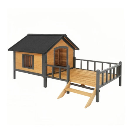Wooden pet house with a gray roof on a white background