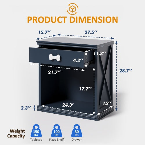 Dimensions of a pet bed with drawer and weight capacity indicators on a light gray background