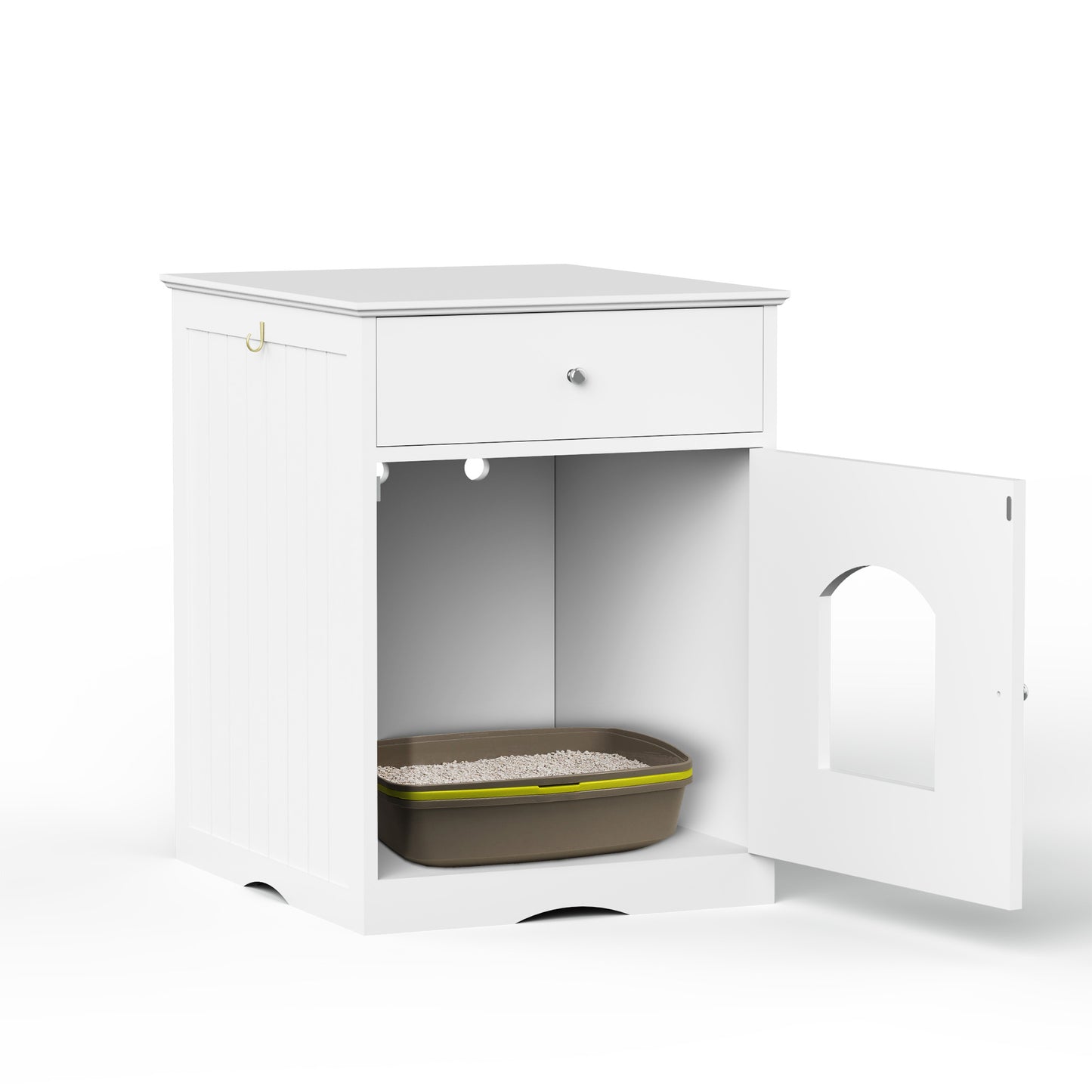 White pet litter box enclosure with a door open, revealing a litter box inside.