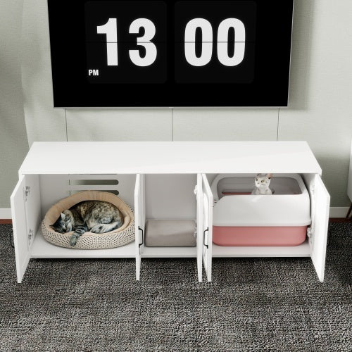 White pet furniture with cat beds and a TV displaying the time.