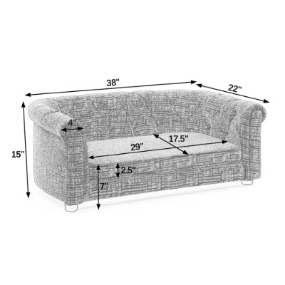 Gray sofa with dimensions labeled on a white background