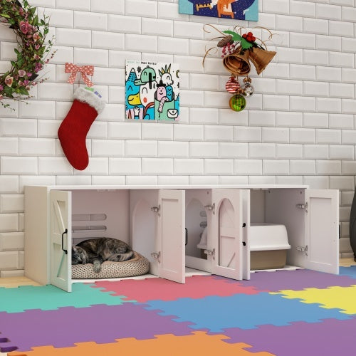 White pet playpen with open doors on a colorful floor, decorated with Christmas stockings and artwork.