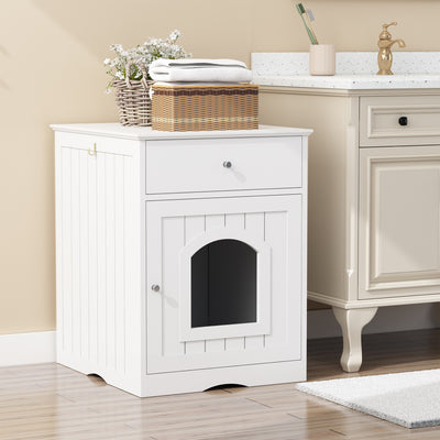 White wooden pet door cabinet with a small dog peeking out, placed against a beige wall.