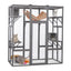 Cat playpen with multiple levels, shelves, and a hammock on a white background
