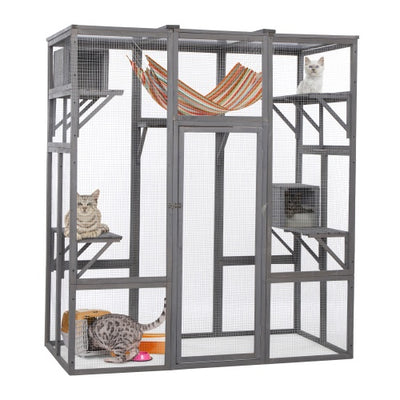 Cat playpen with multiple levels, shelves, and a hammock on a white background