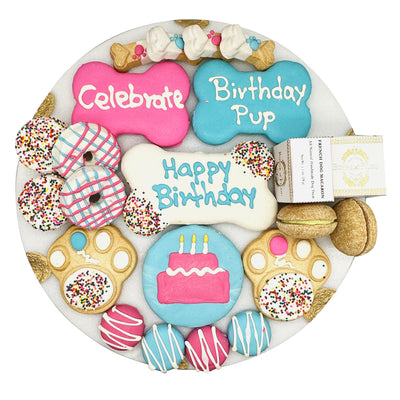 Dog birthday cookie platter with colorful treats on a white background