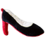 Black high-heeled shoe with red sole on a white background