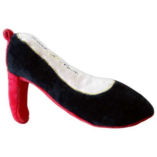 Black high-heeled shoe with red sole on a white background