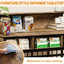 Wooden shelf with various items and a close-up of a hand cleaning a surface.