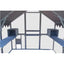 Pet cage with blue shelves and white mesh walls on a white background