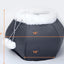 Gray pet bed with white cushion and measurements on a white background