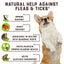 Dog standing on its hind legs with text about natural help against fleas and ticks, featuring icons and benefits listed.