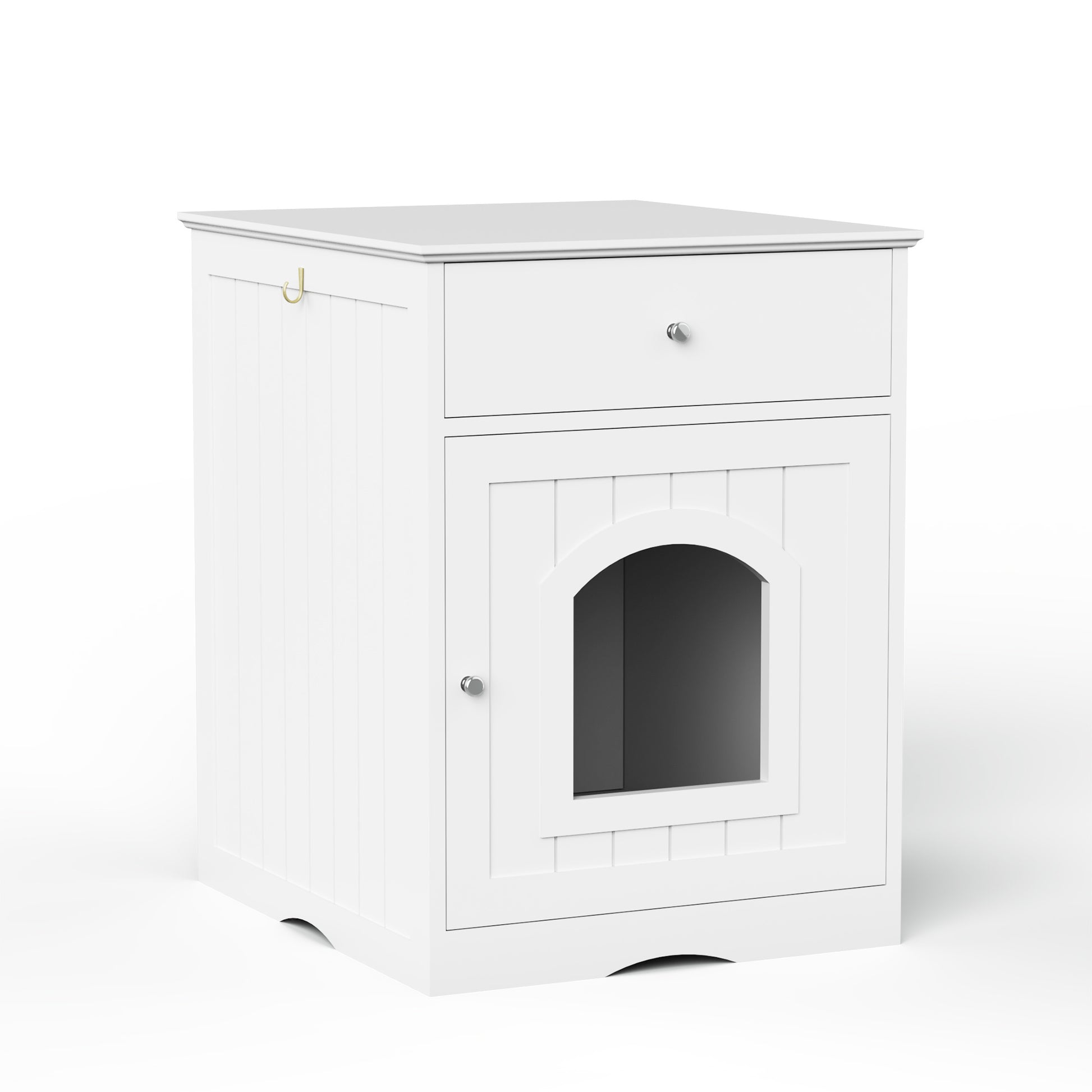 White wooden pet door cabinet with a glass panel on a white background