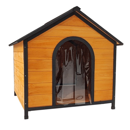 Wooden dog house with a black frame on a white background