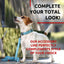 Dog wearing a blue collar and leash with text about accessory line.