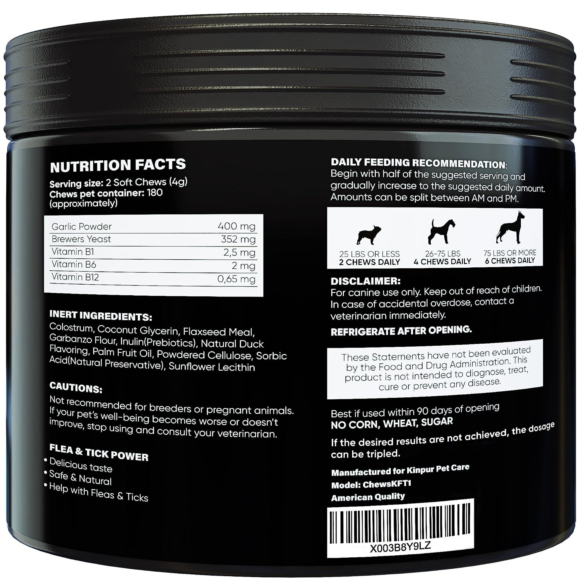 Back label of a black container with nutritional information and ingredients for a pet product.