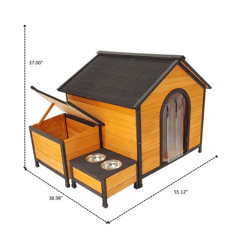 Wooden pet house with dimensions labeled on a white background