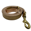Brown leather dog leash with brass clip on a white background