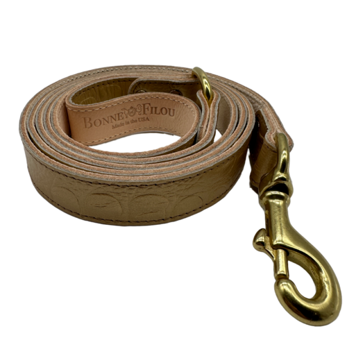 Brown leather dog leash with brass clip on a white background