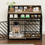 Dog inside a pet playpen with various pet products on top