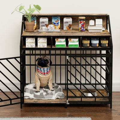Dog inside a pet playpen with various pet products on top