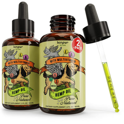 Two bottles of kinpur pet care hemp oil with multivitamin on a white background