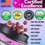 Dog food packaging with certification logos and product details on a purple background