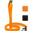 Orange dog leash with black clip and textured grip on a white background