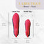 Comparison of large and small red toys with measurements on a marble background, branded 'La Boutique by Bonne Filou'.