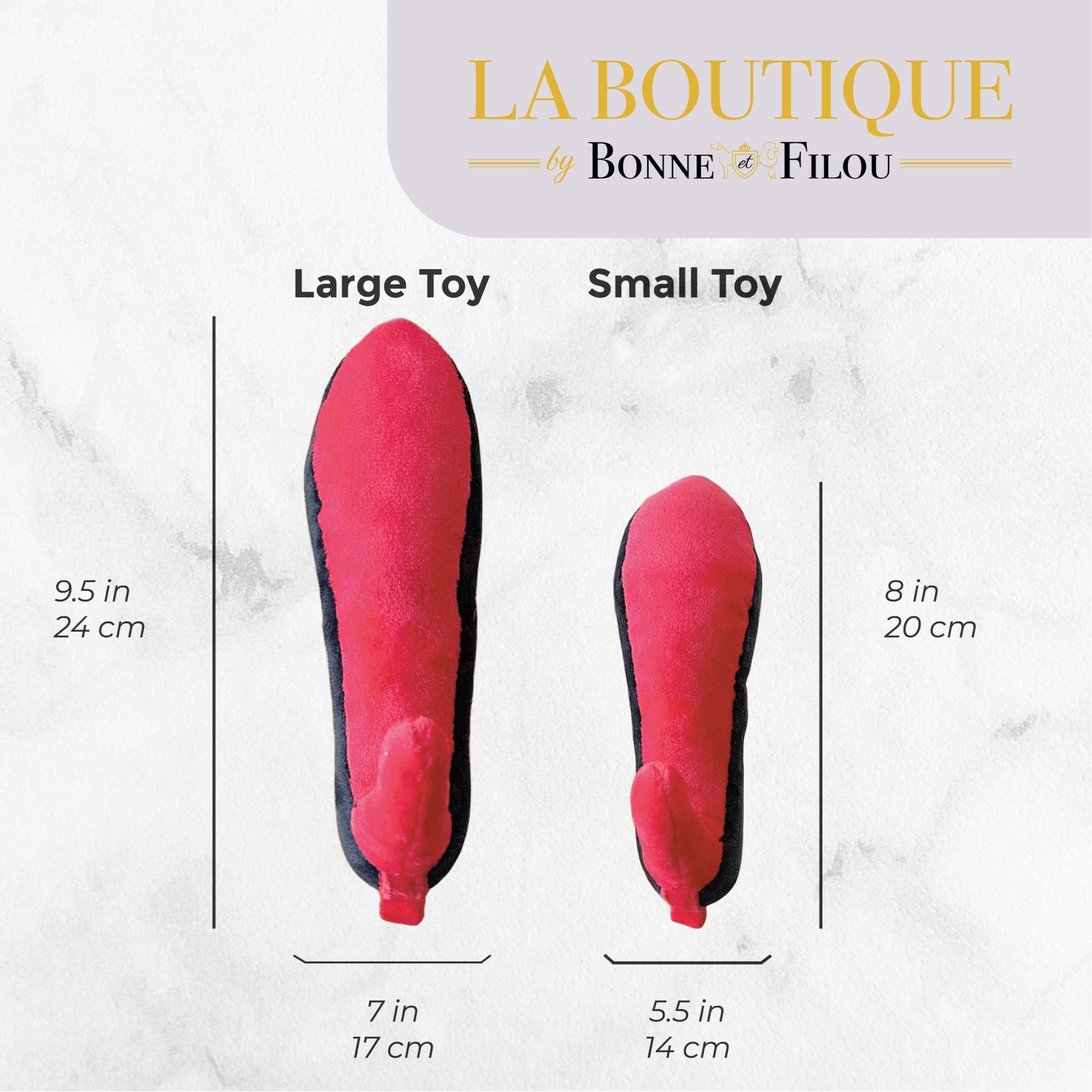 Comparison of large and small red toys with measurements on a marble background, branded 'La Boutique by Bonne Filou'.