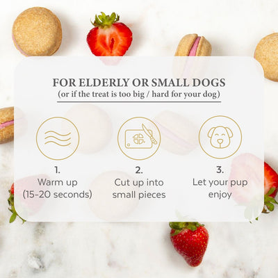 Instructions for warming and cutting dog treats on a marble surface with strawberries and cookies.