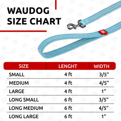 Waudog dog leash size chart with blue leash and red label on a white background