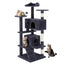 Cat tree with multiple levels and a cat sitting on it against a white background