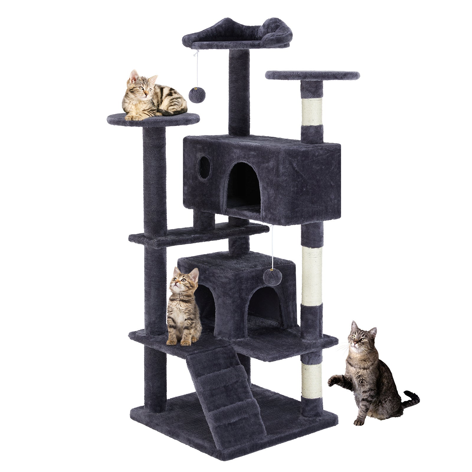 Cat tree with multiple levels and a cat sitting on it against a white background