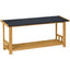 Wooden bench with black top and open shelf on a white background
